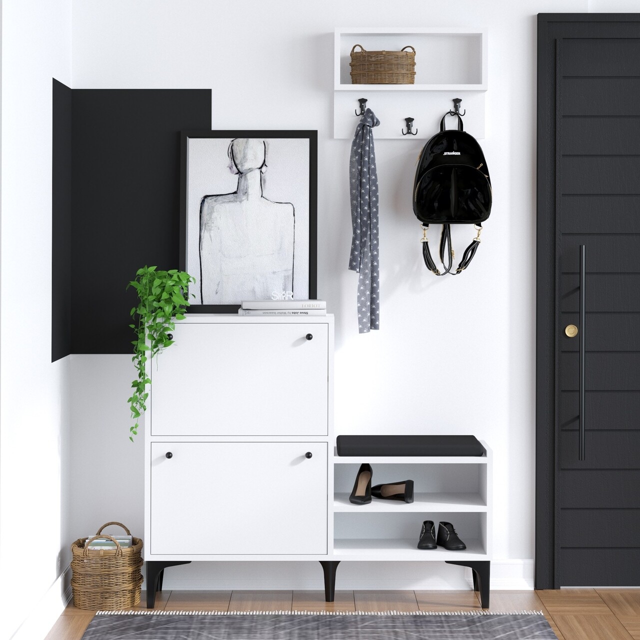 Pantofar si cuier, Emerald, Fredy, pal melaminat, alb/negru - imagine 6